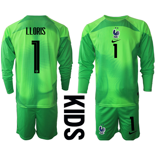 Frankrig Hugo Lloris #1 Målmand Udebane Trøje Børn VM 2022 Langærmet (+ Korte bukser)